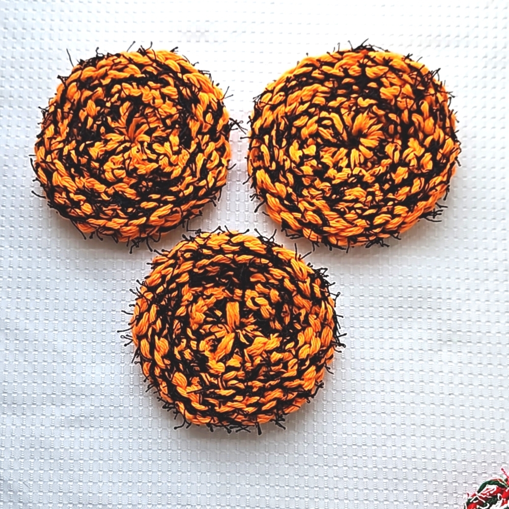 Eco-Friendly Variegated Yarn Kitchen Scrubbies Set of 3 Black Orange Handmade